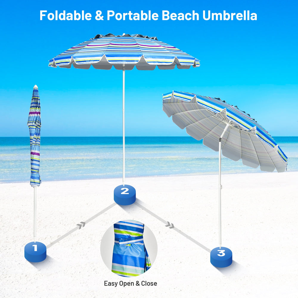 Detail view of the 8FT beach umbrella's heavy-duty sand anchor and portable carrying bag, perfect for summer outings.