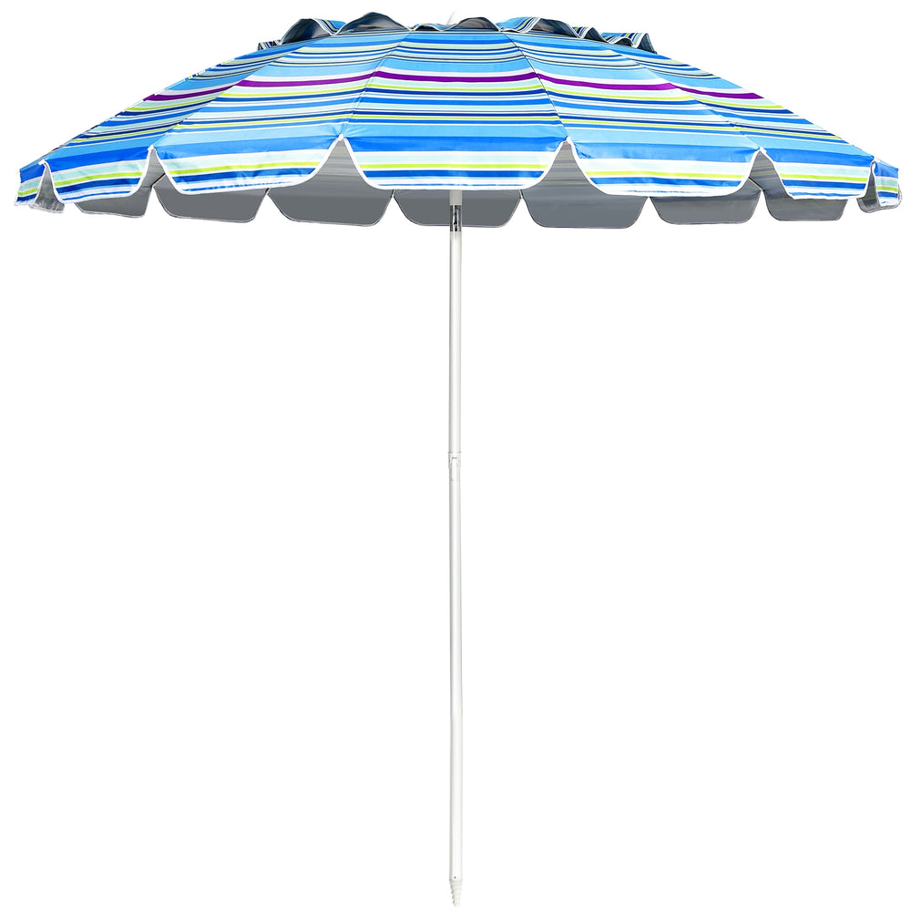 8FT portable beach umbrella in blue with tilt mechanism and sand anchor, perfect for garden and patio use.