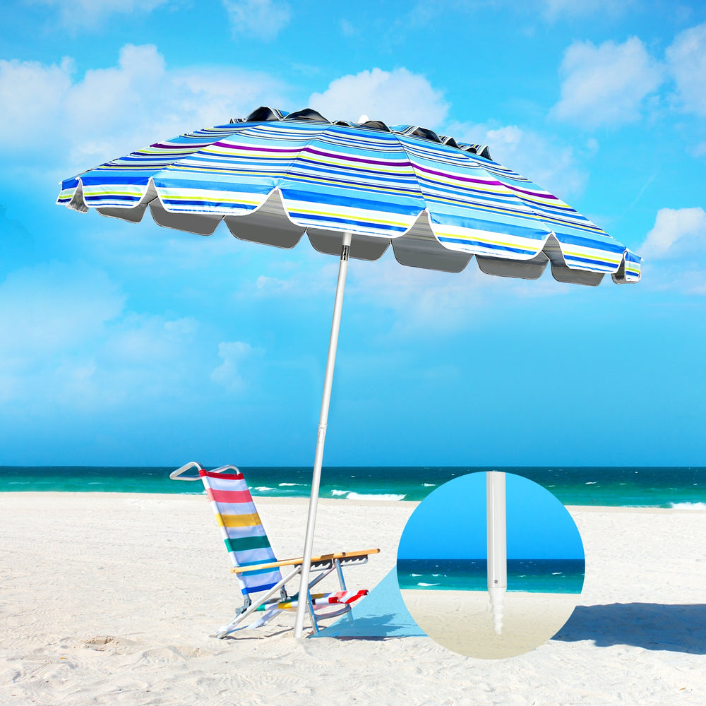8FT portable beach umbrella with blue striped canopy and sand anchor, ideal for garden and patio relaxation.