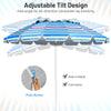 8FT portable beach umbrella with blue striped canopy and tilt mechanism, ideal for garden and patio use.