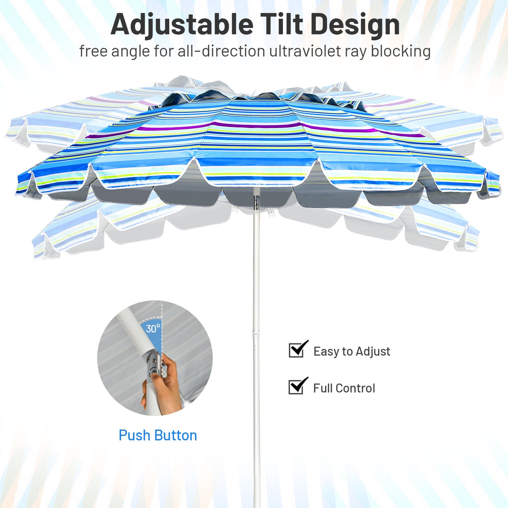 8FT portable beach umbrella with blue striped canopy and tilt mechanism, ideal for garden and patio use.