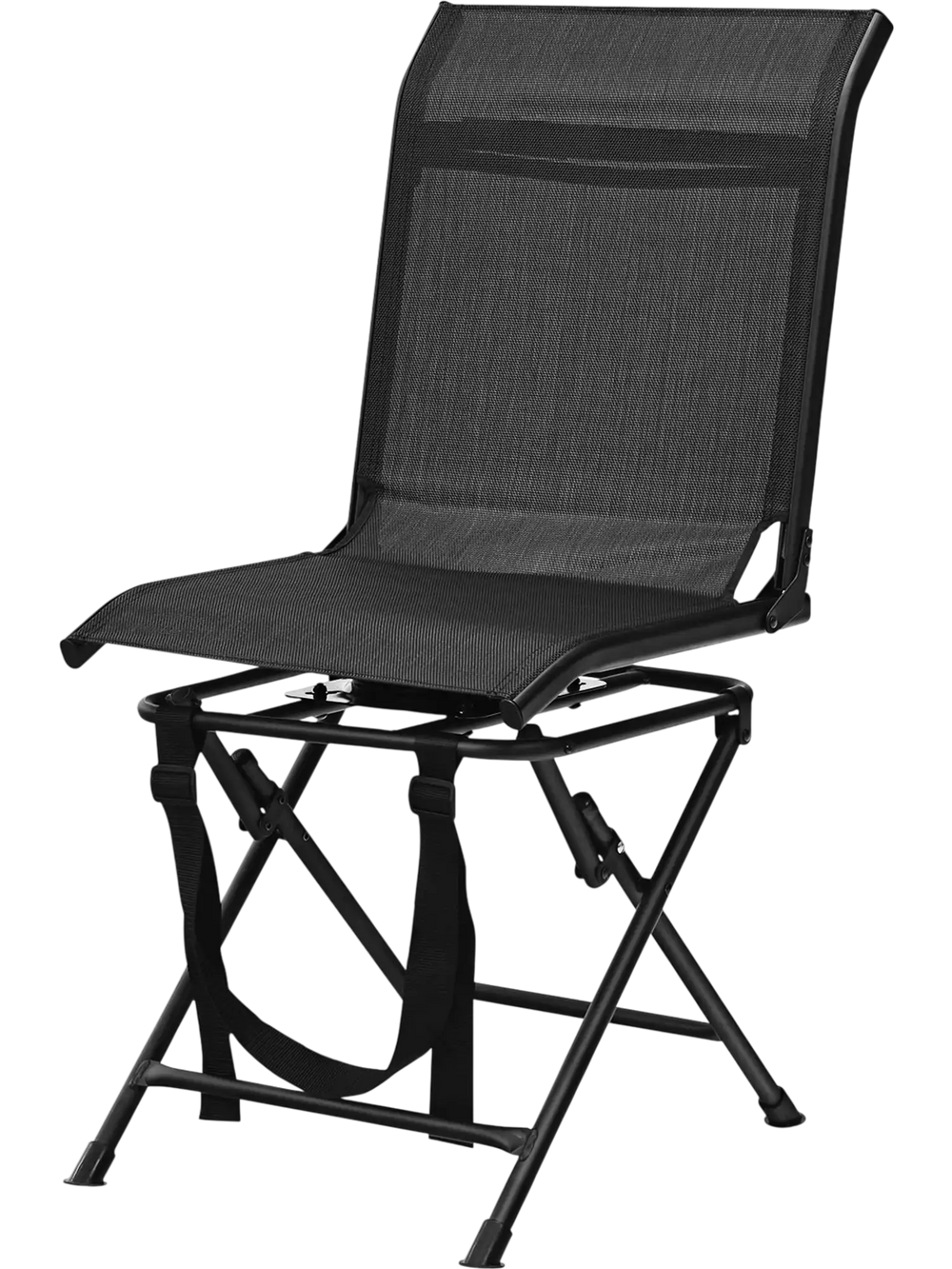 Black foldable 360-degree swivel chair with iron frame, featuring a stable base and water-resistant mesh for outdoor.