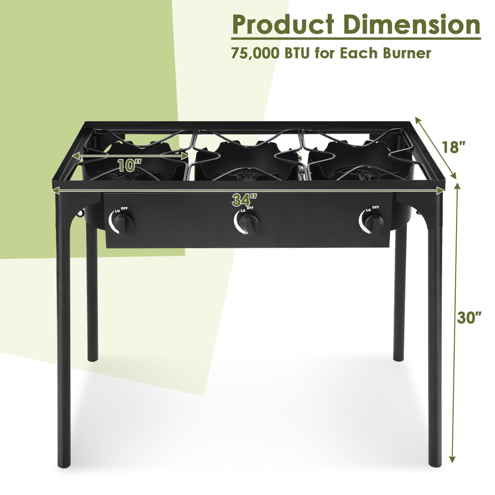 Portable propane 3 burner gas cooker with a sturdy cast iron design, 225,000 BTU output, and adjustable firepower.