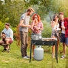 Portable propane 3 burner gas cooker with cast iron head, perfect for outdoor cooking and tailgating.