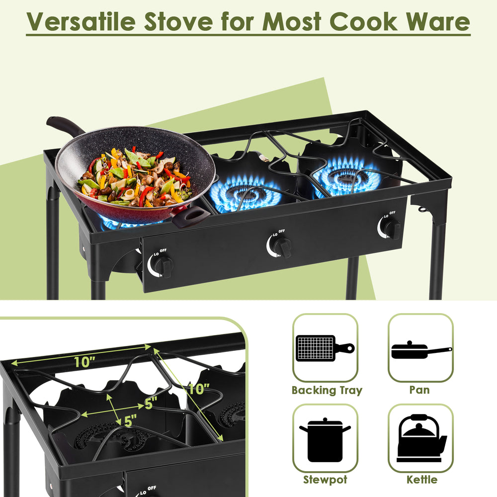 Sturdy portable propane 3 burner gas cooker with detachable legs, ideal for camping and outdoor cooking adventures.
