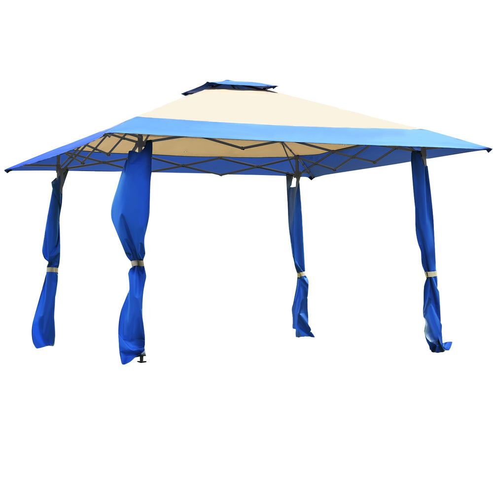 Blue 13x13 feet pop-up canopy tent with double ventilated roof and adjustable heights, ideal for outdoor gatherings.