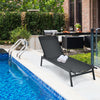 Black outdoor reclining chaise lounge chair by the poolside, featuring a 6-position adjustable backrest for comfort.