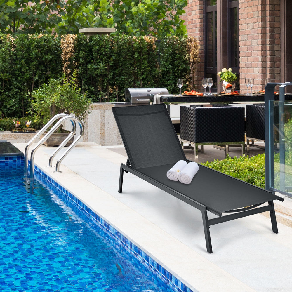 Outdoor Reclining Chaise Lounge Chair with 6-Position Adjustable Back-Black - Gallery View 1 of 10