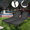Black outdoor reclining chaise lounge chair with 6 adjustable positions, breathable fabric, and anti-rust steel frame.