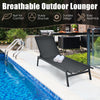 Black outdoor reclining chaise lounge chair with 6 adjustable positions, sturdy steel frame, perfect for poolside.