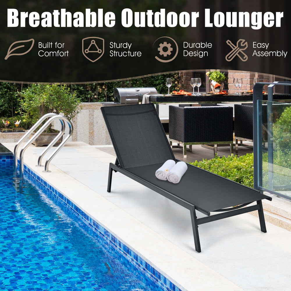 Black outdoor reclining chaise lounge chair with 6 adjustable positions, sturdy steel frame, perfect for poolside.
