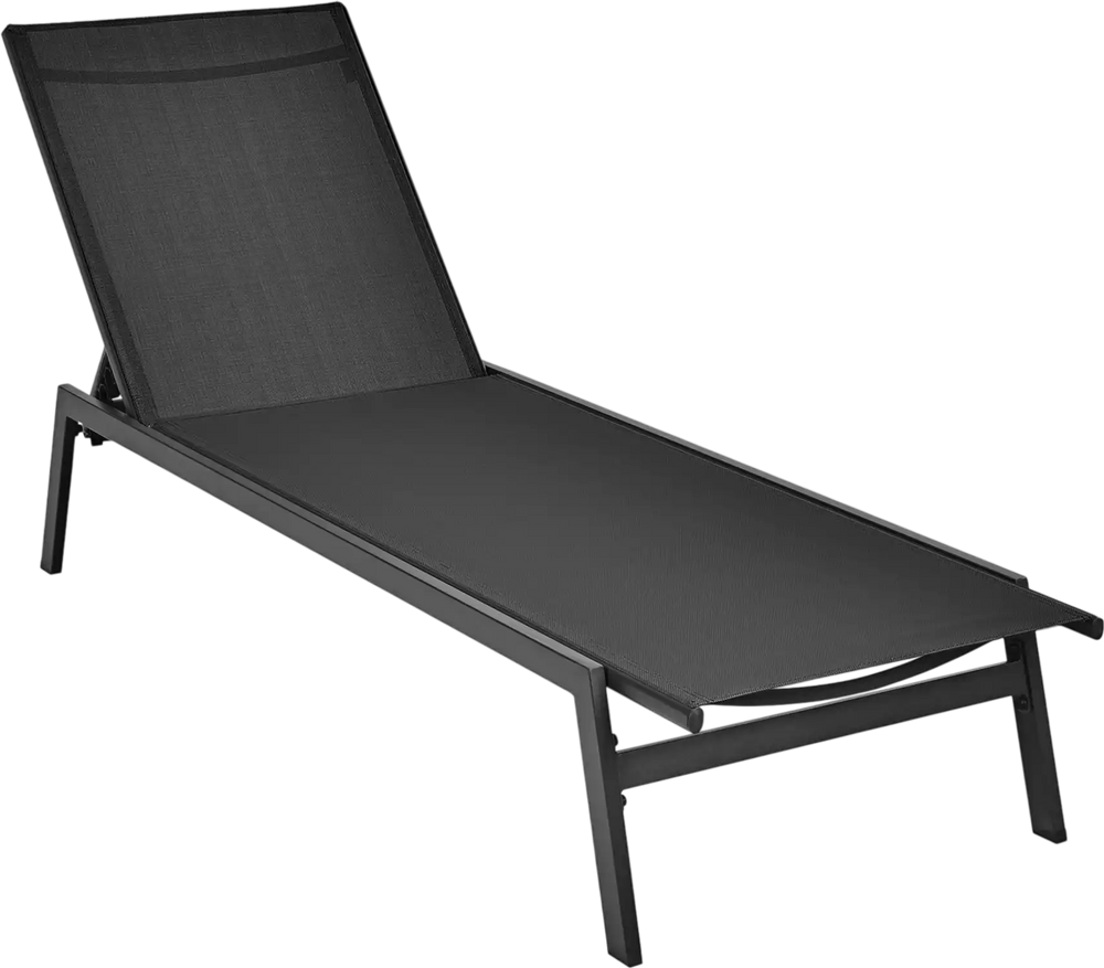 Black outdoor reclining chaise lounge chair with 6-position adjustable backrest, perfect for patio or poolside.