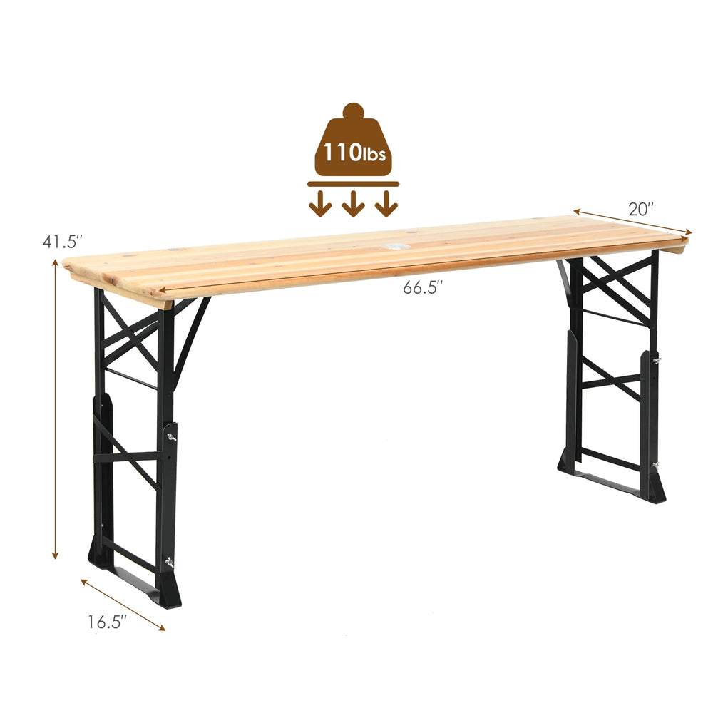 66.5-inch outdoor wood folding picnic table with adjustable heights, sturdy X-shape design, ideal for camping and.