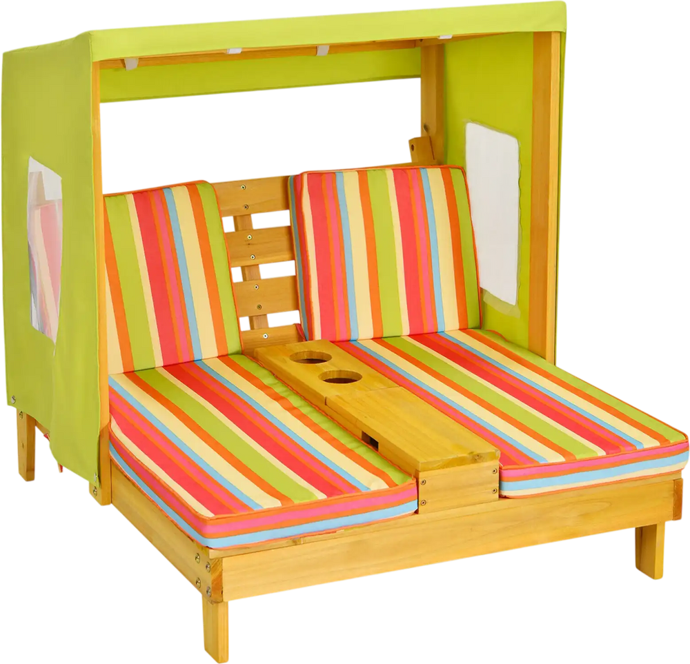 Kids patio lounge chair featuring vibrant striped cushions and protective awning, perfect for kids' outdoor relaxation.