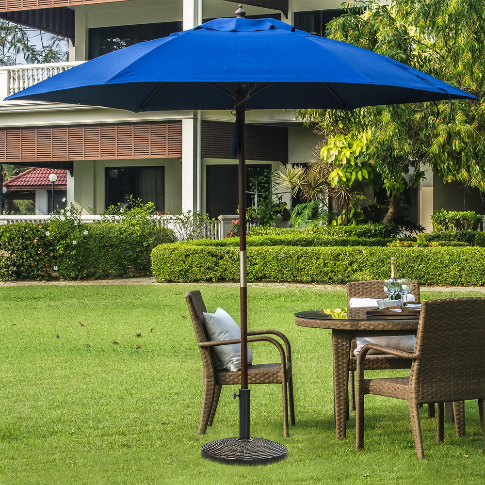 Patio resin umbrella base with wicker style, 22 lbs, suitable for 1.5" or 1.9" poles, ideal for outdoor use.
