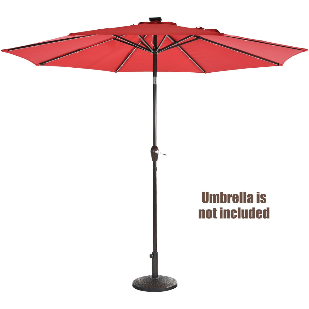 Patio resin umbrella base with wicker style, heavy-duty design for stability, suitable for outdoor use in gardens or.