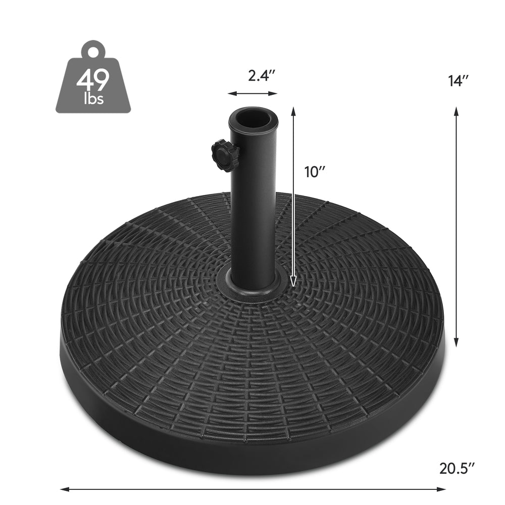 Patio resin umbrella base stand weighing 49 lbs, featuring a rattan design, suitable for outdoor use with various.