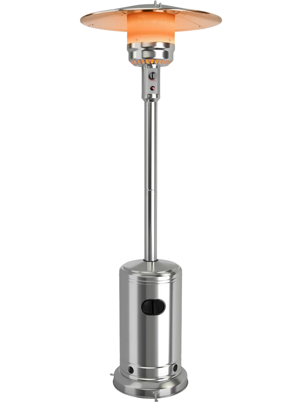 Stainless steel garden propane heater with wheels, designed for outdoor patio warmth and safety tilt shut off valve.