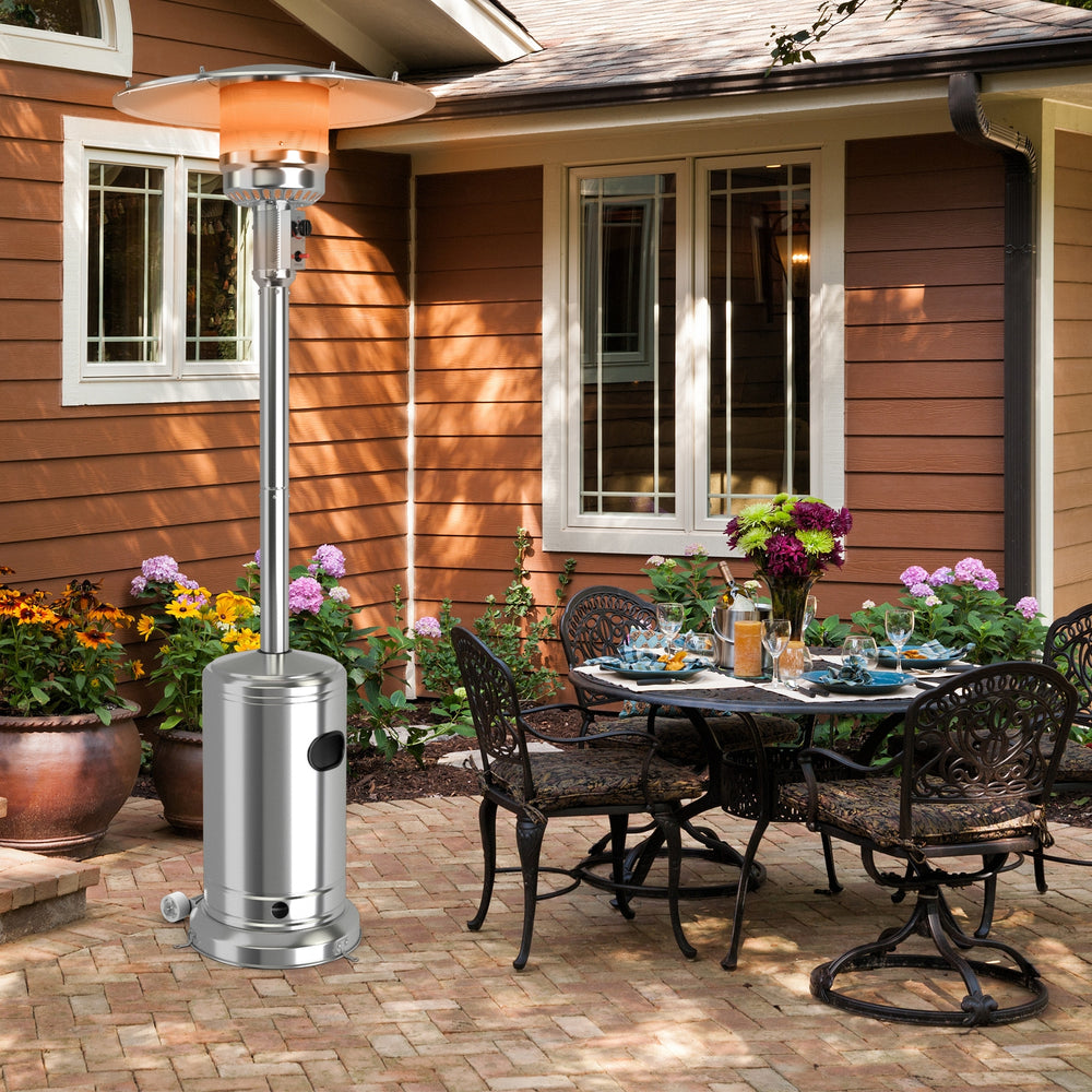 Stainless steel garden propane standing heater in silver, perfect for warming patios and outdoor areas with modern.