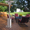 Stainless steel garden propane heater with wheels, designed for outdoor patios and decks, providing warmth for.