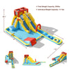 Inflatable Dual Slide Water Park features climbing wall, slides, and pool, made of durable Oxford cloth for outdoor fun.