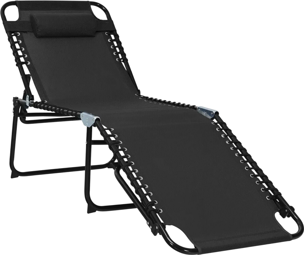 Foldable black lounge chair with adjustable backrest and footrest, ideal for beach, camping, or guest use.