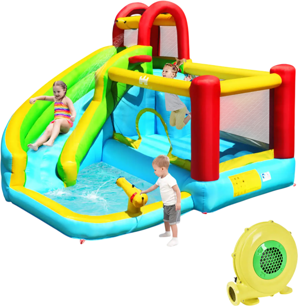 6-in-1 Inflatable Bounce House with Climbing Wall and Basketball Hoop with Blower