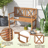 2-person outdoor bench made of acacia wood with curved armrests, slatted seat, ideal for garden or patio use.