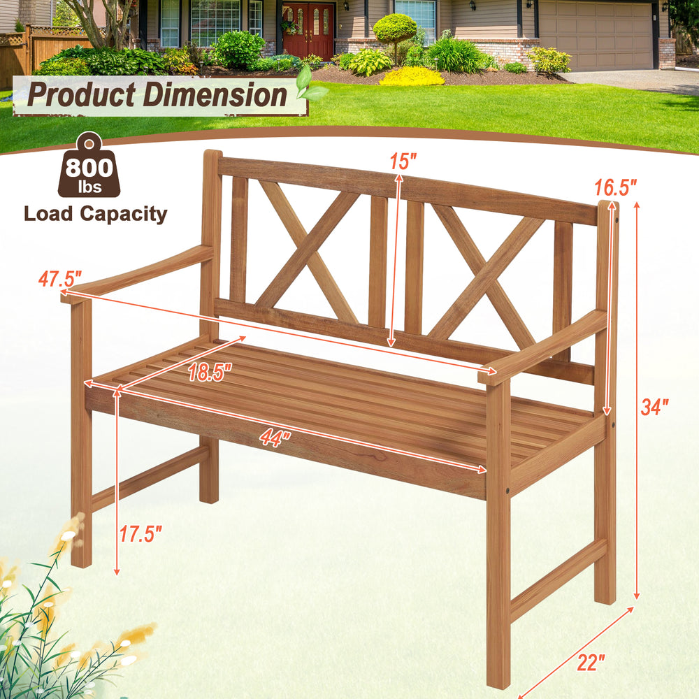 2-person outdoor bench made of acacia wood with cozy armrests, slatted seat, and 800 lbs load capacity for patio use.