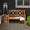 2-person acacia wood outdoor bench with cozy armrests, slatted seat design, perfect for garden or patio use.
