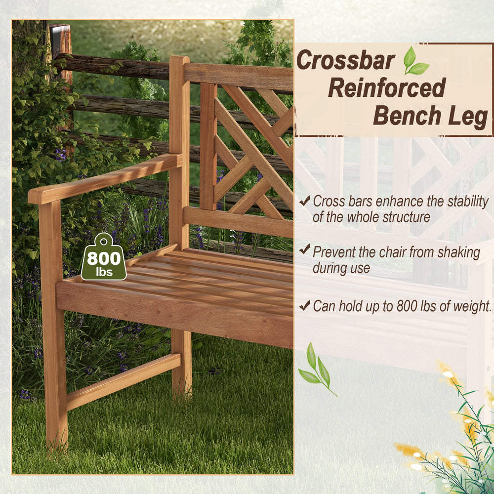 2-person wooden outdoor bench with cozy armrests, made of acacia wood, supports up to 800 lbs for garden or patio use.