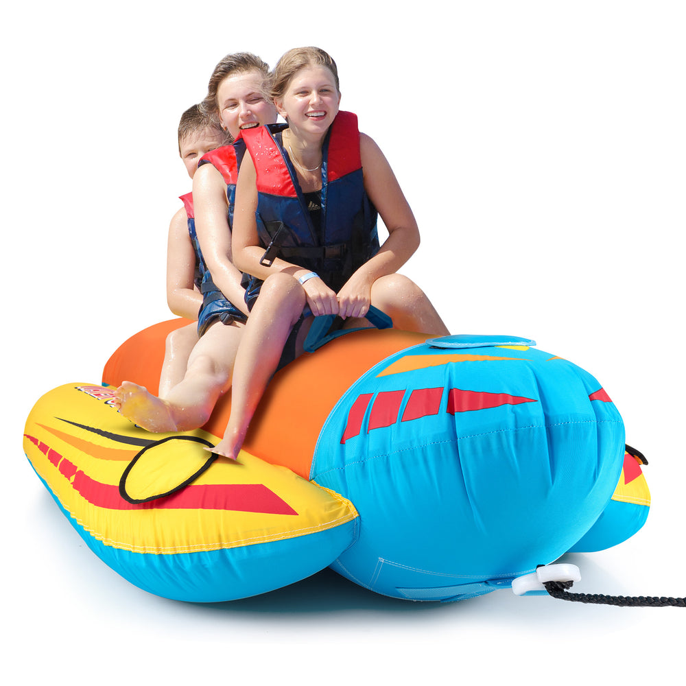 Three-person inflatable banana boat with EVA-padded seats, bright colors, and handles for safe water fun.
