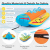 Inflatable banana boat for three with EVA-padded seats, durable nylon surface, and convenient zipper for easy storage.