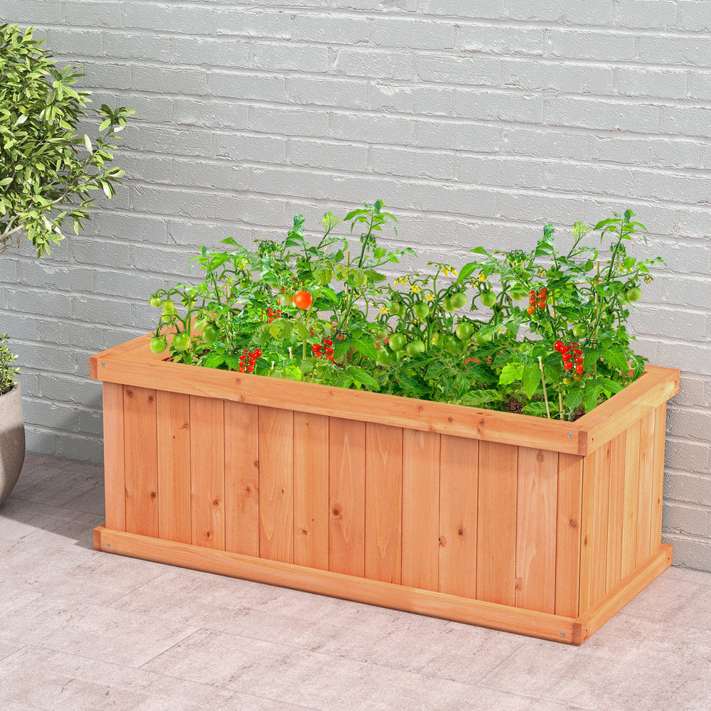 Wooden raised garden bed planter box with natural wood grains, featuring 4 drainage holes and detachable bottom panels.