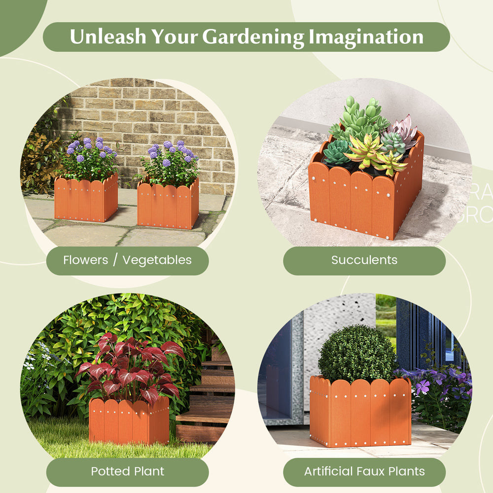 Square orange planter box with drainage gaps, perfect for flowers and vegetables on your front porch or balcony.