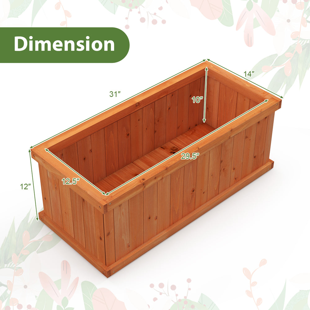 Raised garden bed wooden planter box in orange with dimensions, featuring 4 drainage holes and detachable bottom panels.