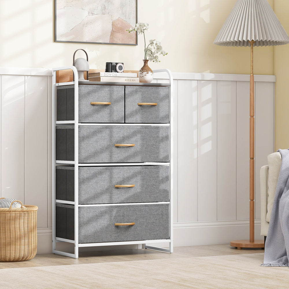4-Tier Organizer Tower Steel Frame Wooden Top Storage with 5-Drawer Dresser-Gray - Gallery View 1 of 10