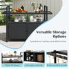 Outdoor bar cart in black with tempered glass top, PE rattan, storage cabinet, and 8 removable hooks for BBQ parties.