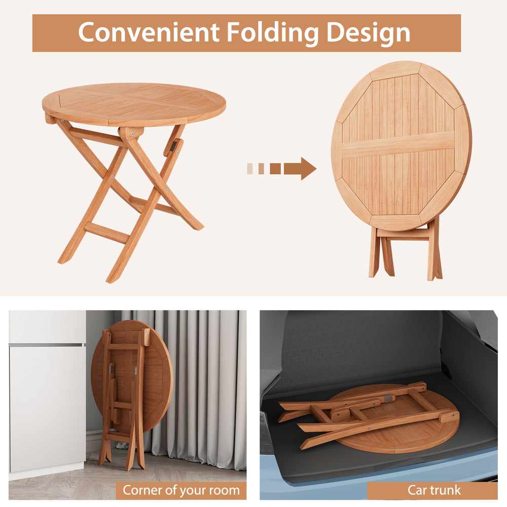 Folding outdoor bistro table made of teak wood, showcasing its space-saving design for backyard or camping use.