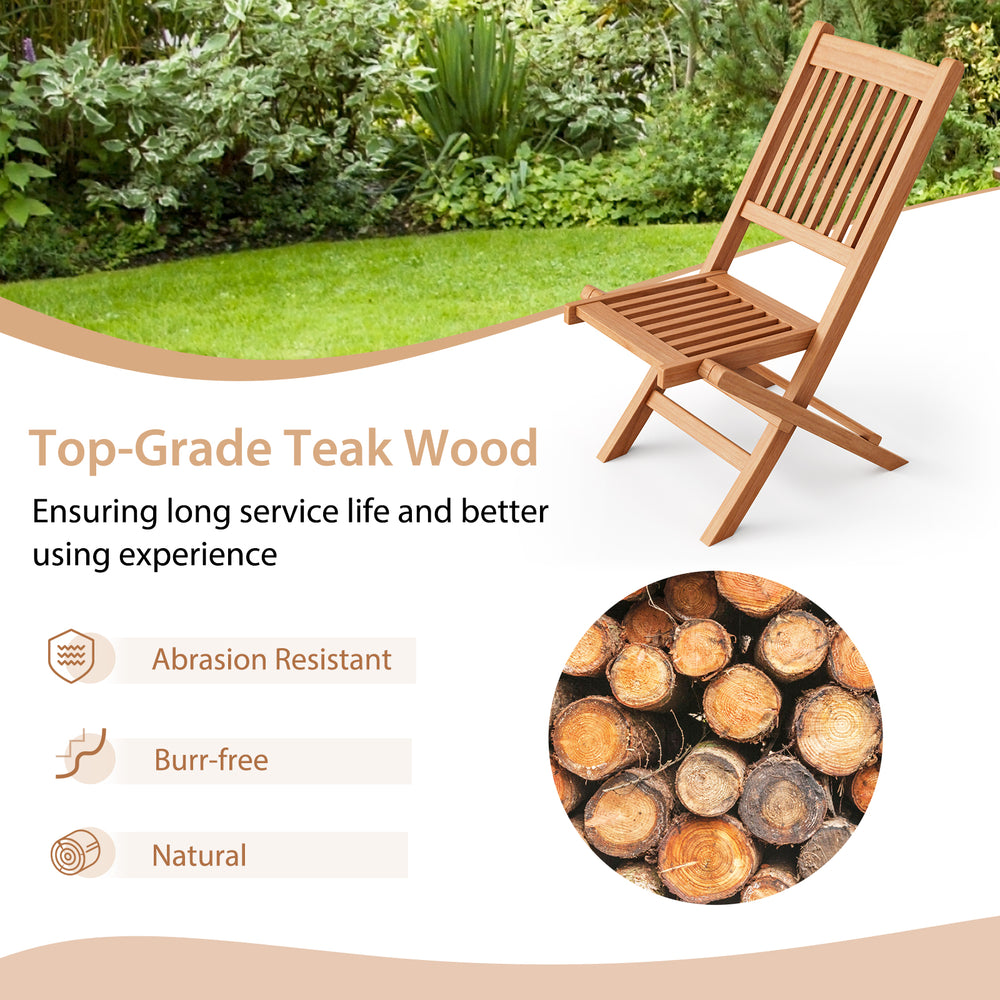 Folding outdoor bistro chair made of premium teak wood, featuring a slatted seat for backyard or poolside use.