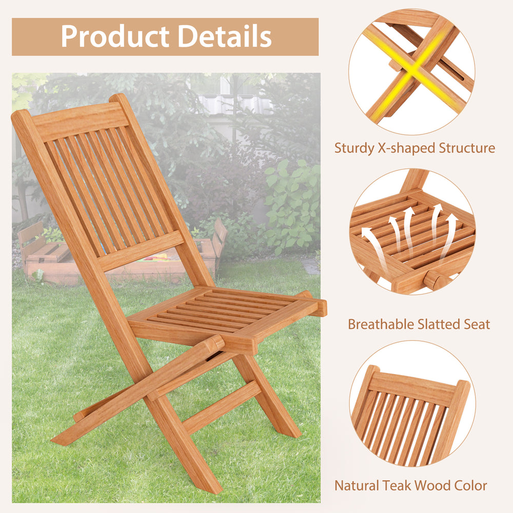 Teak wood outdoor bistro chair with slatted seat, featuring an X-shaped structure for stability, ideal for backyard use.
