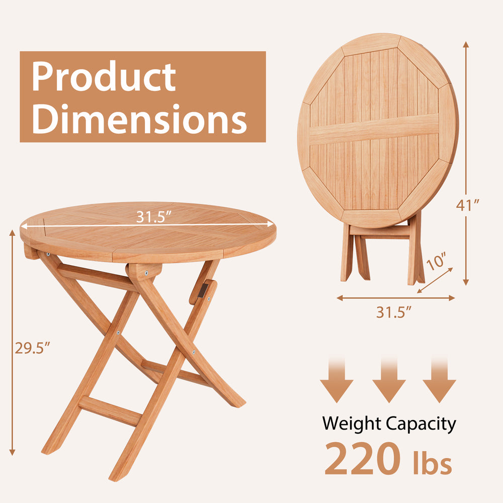 Folding outdoor bistro table made of premium teak wood, featuring a slatted design and 220 lbs weight capacity.