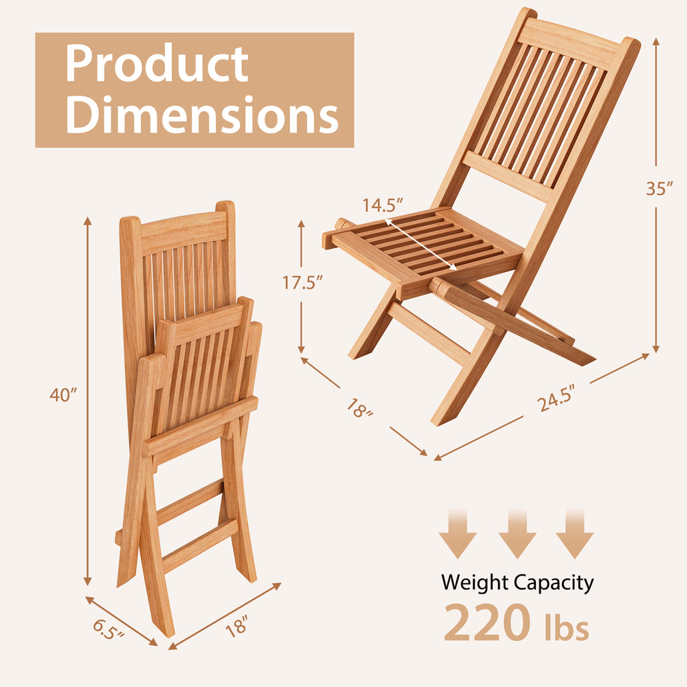 Folding outdoor chair with slatted seat, made of premium teak wood, lightweight design for easy storage and transport.