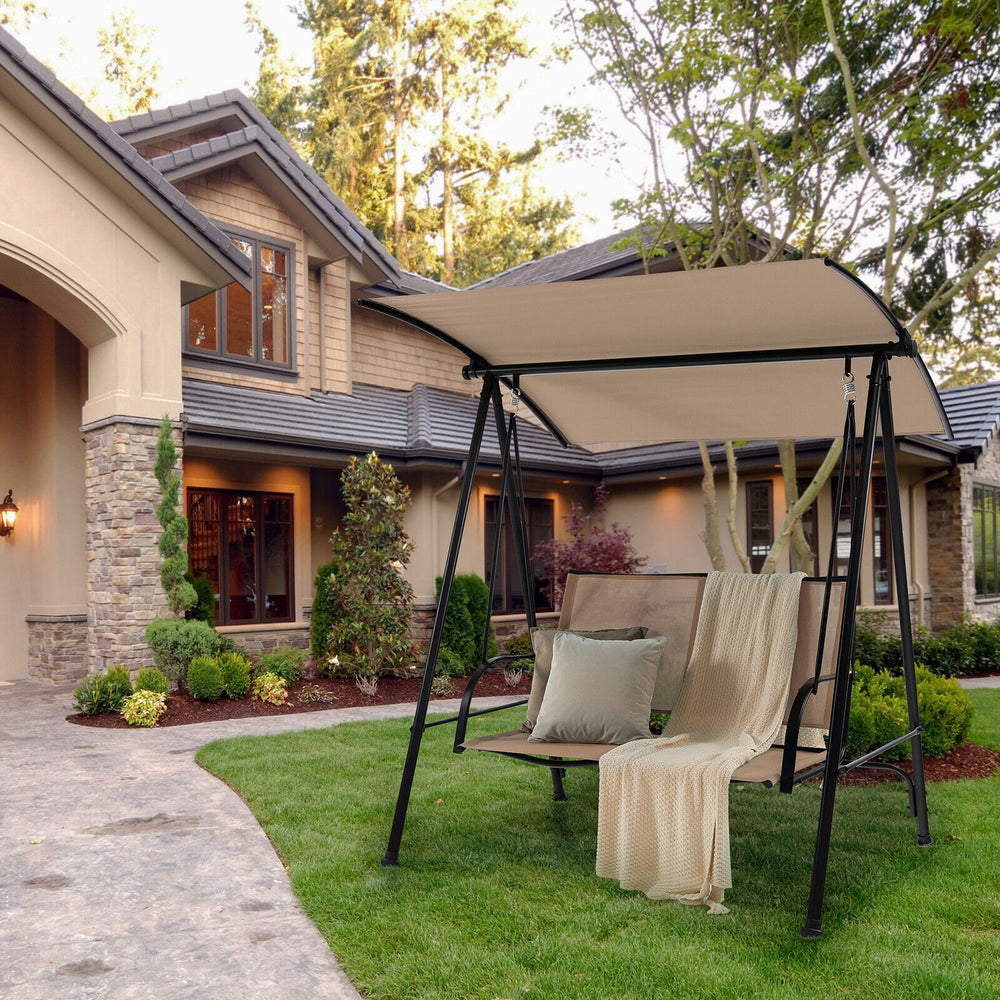 2-Seat Outdoor Canopy Swing with Comfortable Fabric Seat and Heavy-duty Metal Frame-Beige - Gallery View 1 of 10