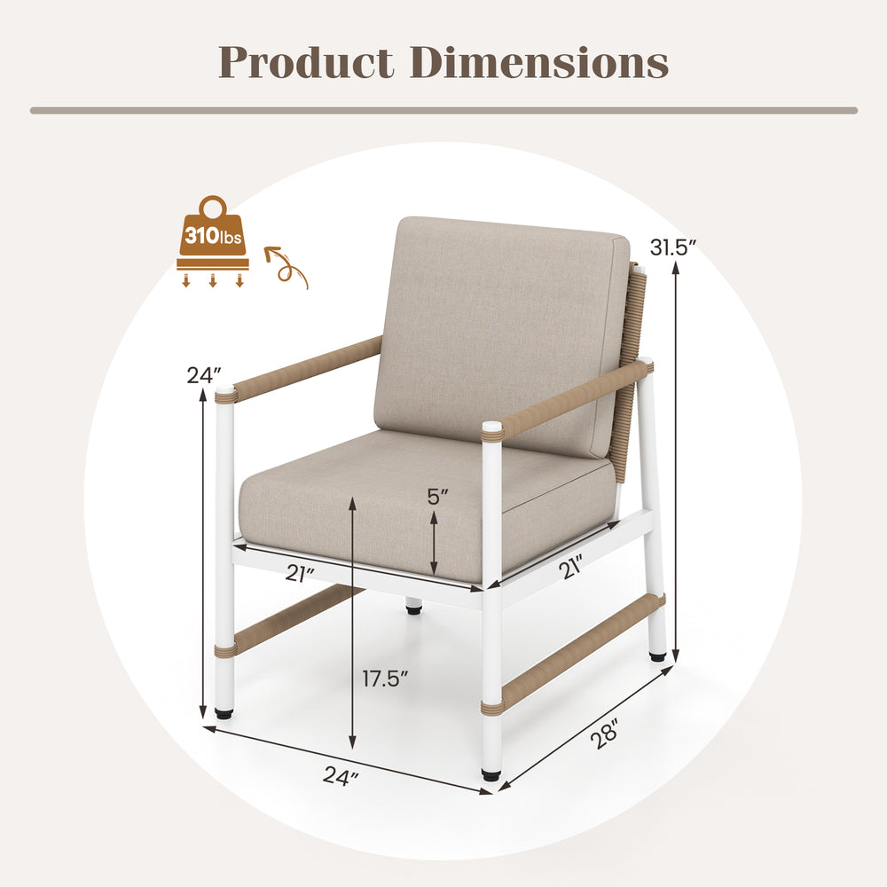 Patio sofa chair dimensions with reinforced aluminum frame, wicker backrest, and soft cushions for outdoor comfort.
