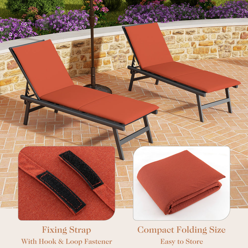 Orange outdoor chaise lounge cushion with fixing straps, tri-fold design for versatile reclining, perfect for patio.