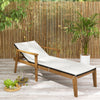 Outdoor chaise lounge chair with armrests, solid acacia wood frame, and white cushion for poolside relaxation.