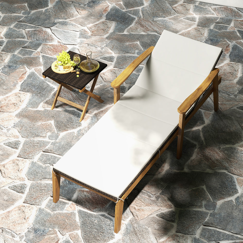 Outdoor chaise lounge chair with armrests, featuring a solid acacia wood frame and elegant PE rattan, perfect for.