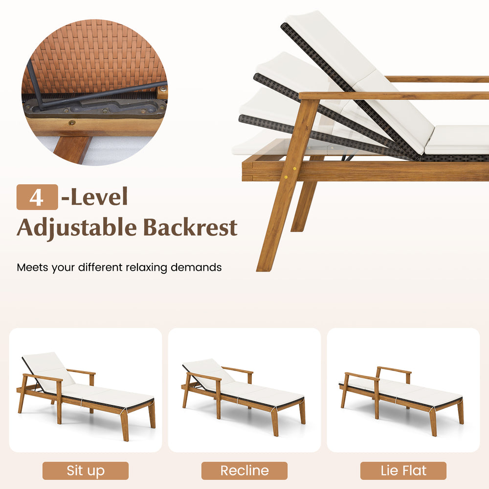 Adjustable outdoor chaise lounge chair with armrests, PE rattan, and acacia wood frame for backyard relaxation.