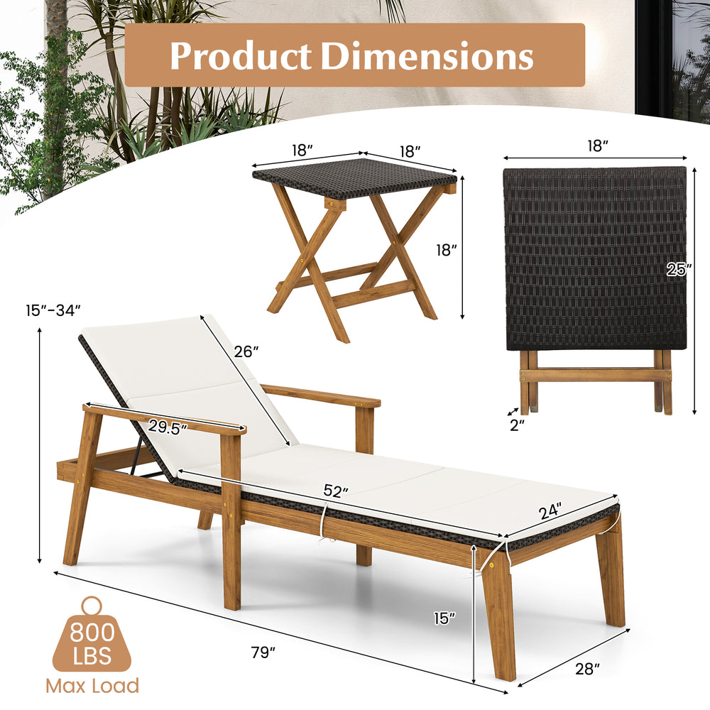 Outdoor chaise lounge chair with adjustable backrest, made of PE rattan and acacia wood, ideal for poolside relaxation.